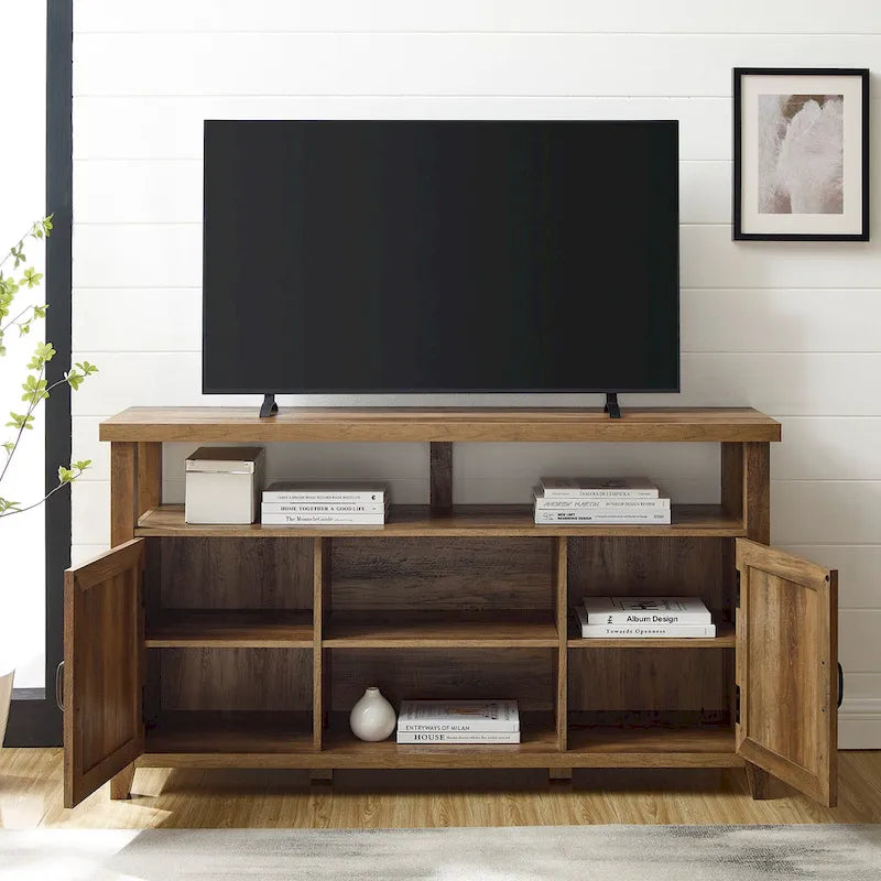 58" Groove Door Highboy TV Stand – Rustic Oak / Dark Walnut / Grey Wash