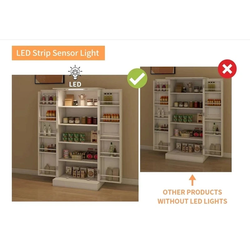 White LED Kitchen Pantry Cabinet, 5-Tier, Single-Door