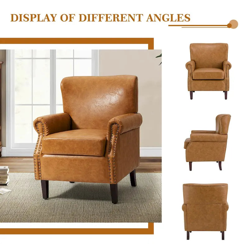 Brown / Ivory Vegan Leather Accent Armchair with Rolled Arms & Nailhead Trim, Set of 2
