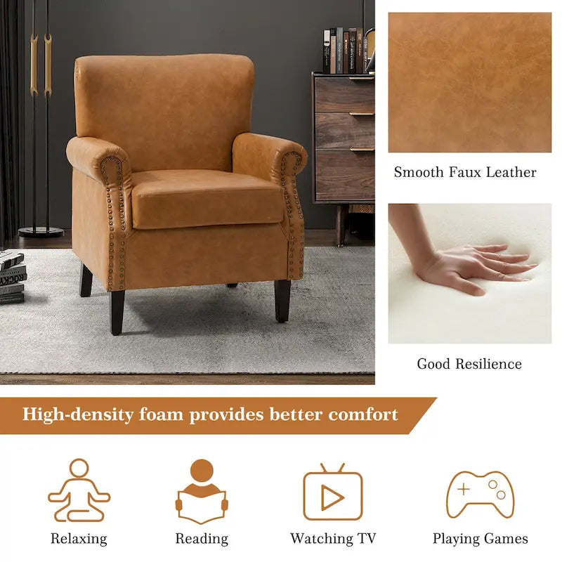 Brown / Ivory Vegan Leather Accent Armchair with Rolled Arms & Nailhead Trim, Set of 2