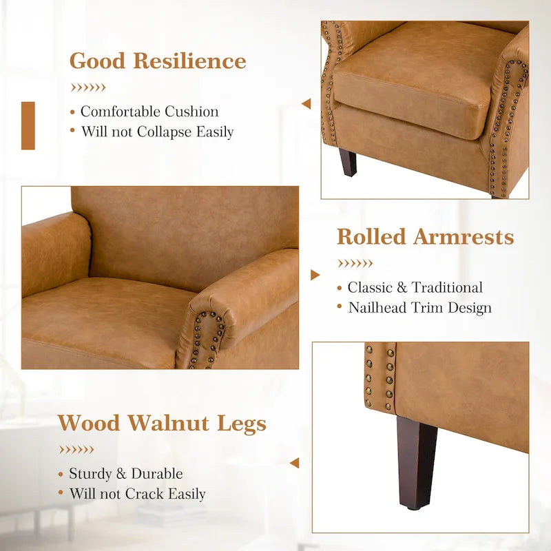 Brown / Ivory Vegan Leather Accent Armchair with Rolled Arms & Nailhead Trim, Set of 2