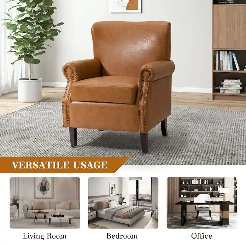 Brown / Ivory Vegan Leather Accent Armchair with Rolled Arms & Nailhead Trim, Set of 2