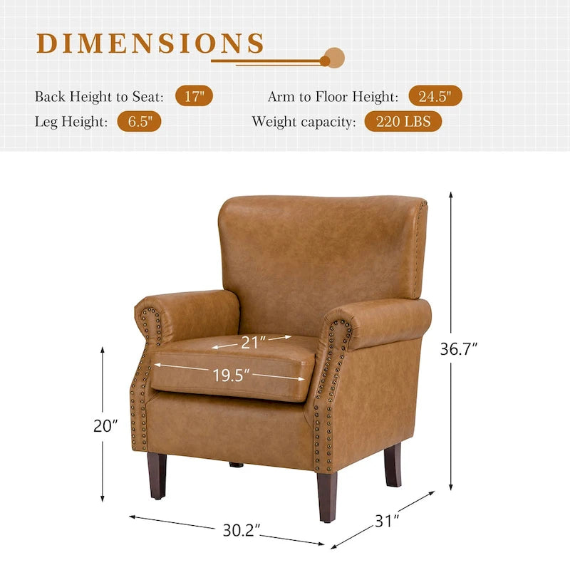 Brown / Ivory Vegan Leather Accent Armchair with Rolled Arms & Nailhead Trim, Set of 2