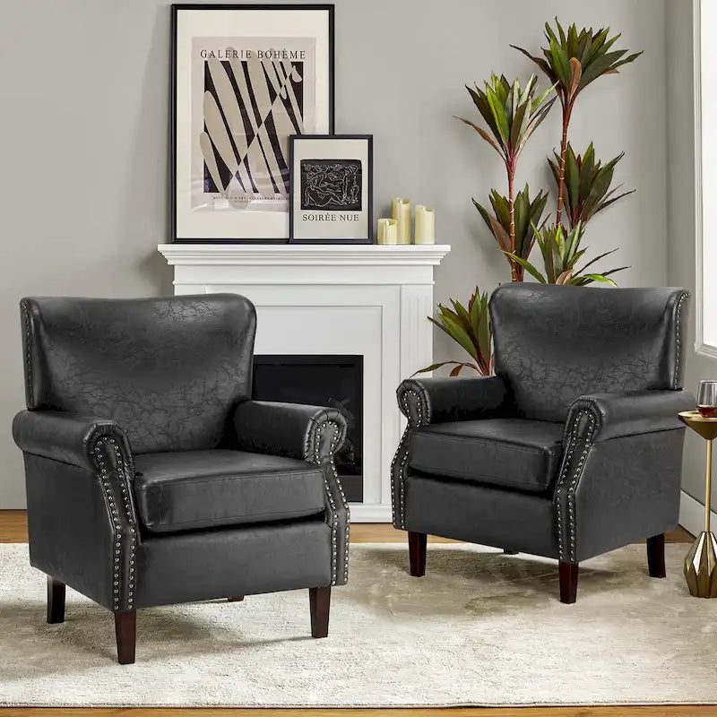Brown / Ivory Vegan Leather Accent Armchair with Rolled Arms & Nailhead Trim, Set of 2