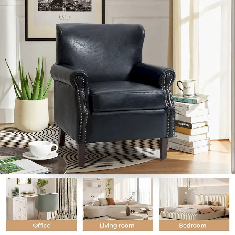 Brown / Ivory Vegan Leather Accent Armchair with Rolled Arms & Nailhead Trim, Set of 2