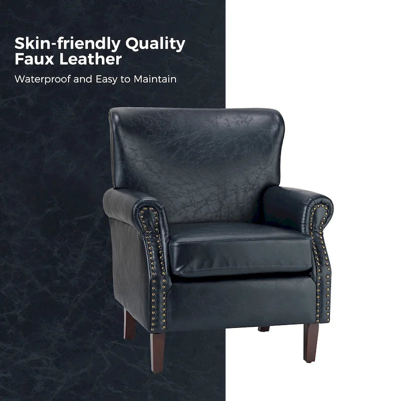Brown / Ivory Vegan Leather Accent Armchair with Rolled Arms & Nailhead Trim, Set of 2