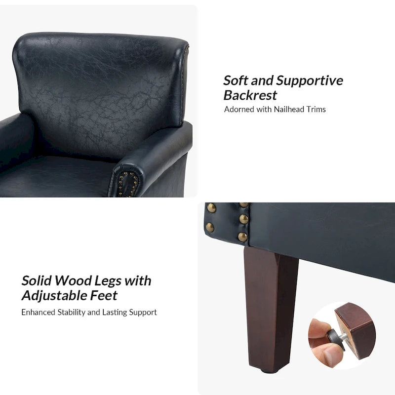 Brown / Ivory Vegan Leather Accent Armchair with Rolled Arms & Nailhead Trim, Set of 2