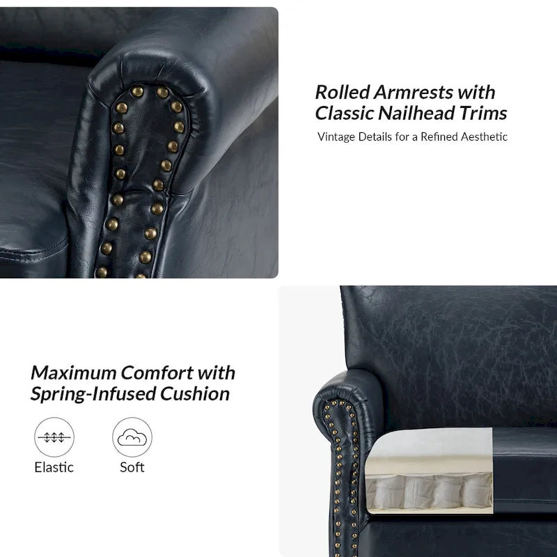 Brown / Ivory Vegan Leather Accent Armchair with Rolled Arms & Nailhead Trim, Set of 2
