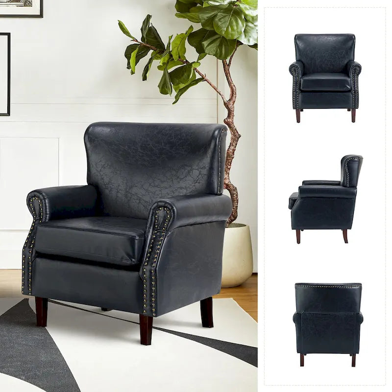 Brown / Ivory Vegan Leather Accent Armchair with Rolled Arms & Nailhead Trim, Set of 2