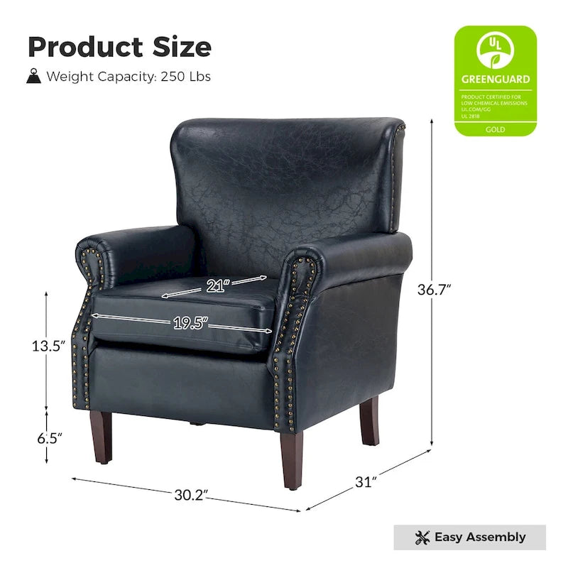 Brown / Ivory Vegan Leather Accent Armchair with Rolled Arms & Nailhead Trim, Set of 2