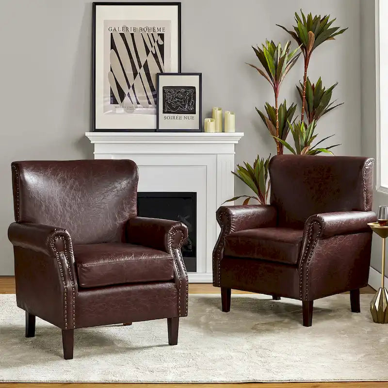 Brown / Ivory Vegan Leather Accent Armchair with Rolled Arms & Nailhead Trim, Set of 2