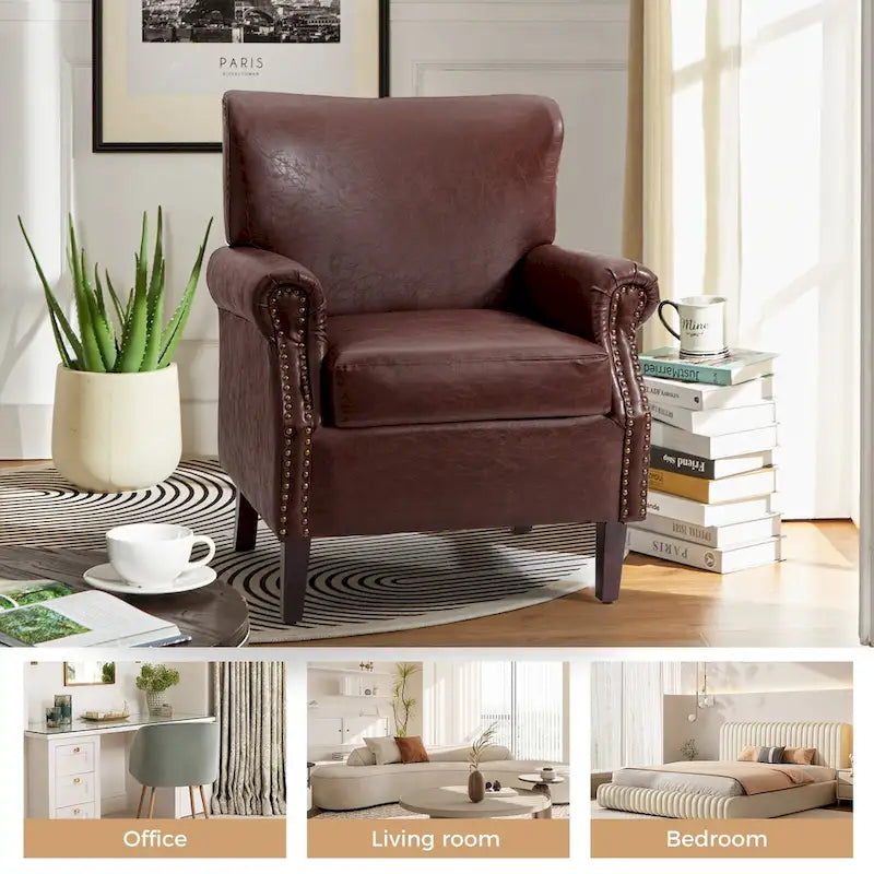 Brown / Ivory Vegan Leather Accent Armchair with Rolled Arms & Nailhead Trim, Set of 2