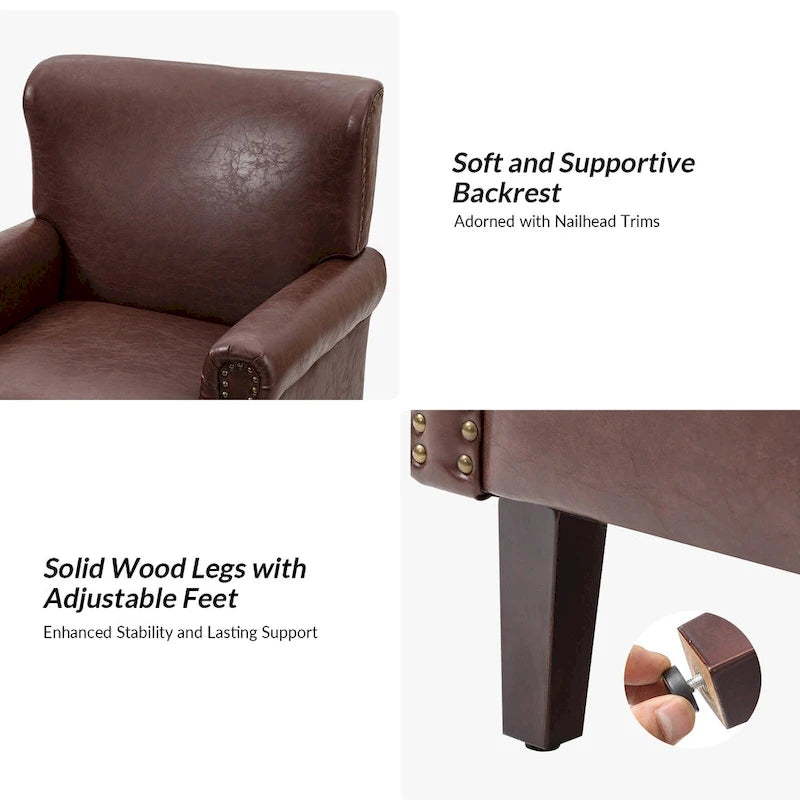 Brown / Ivory Vegan Leather Accent Armchair with Rolled Arms & Nailhead Trim, Set of 2