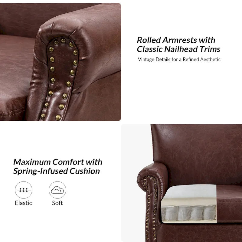 Brown / Ivory Vegan Leather Accent Armchair with Rolled Arms & Nailhead Trim, Set of 2