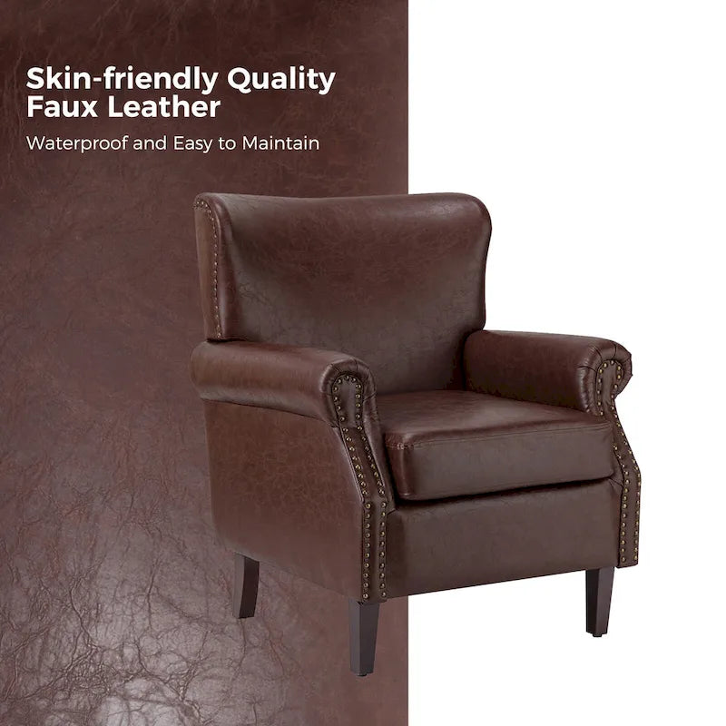 Brown / Ivory Vegan Leather Accent Armchair with Rolled Arms & Nailhead Trim, Set of 2