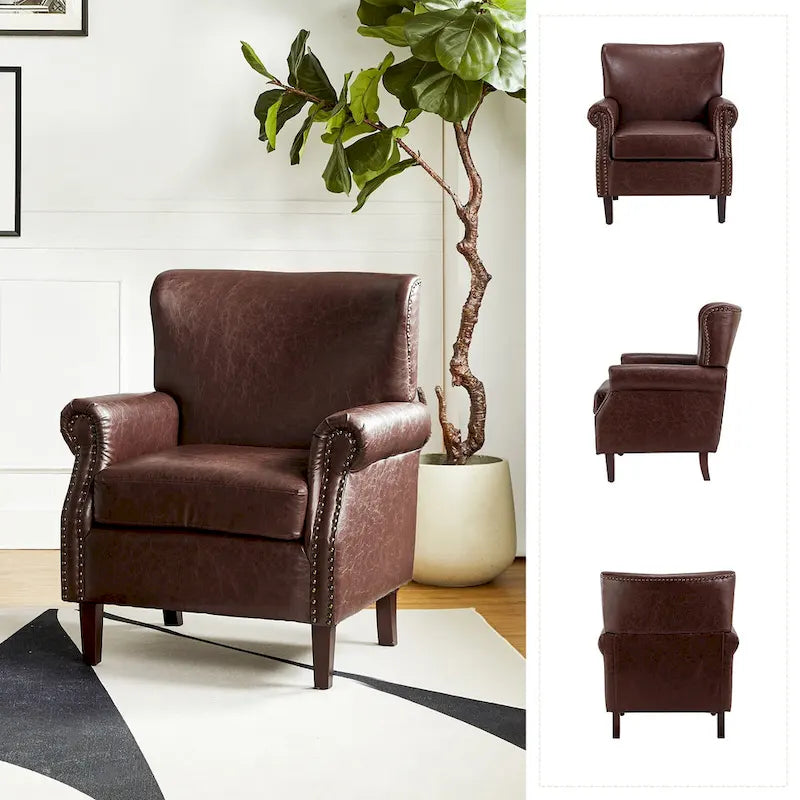 Brown / Ivory Vegan Leather Accent Armchair with Rolled Arms & Nailhead Trim, Set of 2