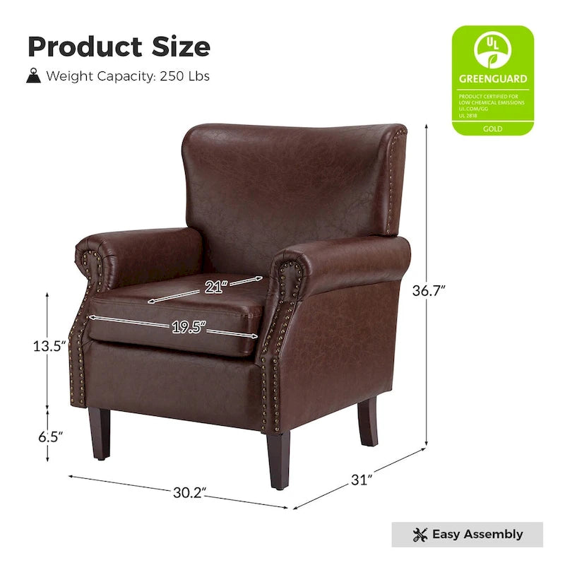 Brown / Ivory Vegan Leather Accent Armchair with Rolled Arms & Nailhead Trim, Set of 2