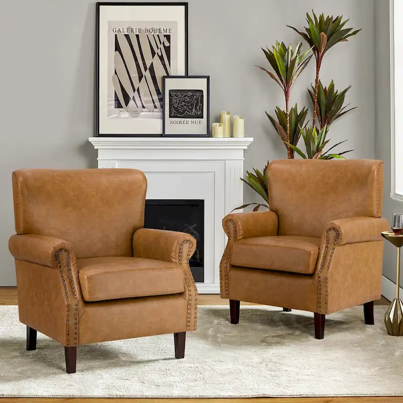 Brown / Ivory Vegan Leather Accent Armchair with Rolled Arms & Nailhead Trim, Set of 2