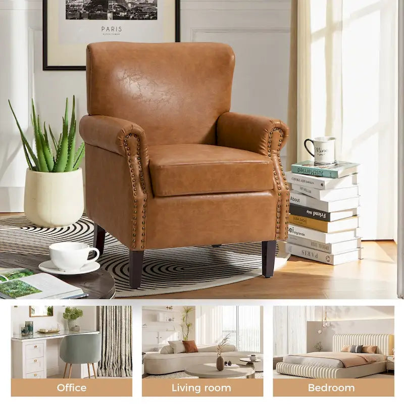 Brown / Ivory Vegan Leather Accent Armchair with Rolled Arms & Nailhead Trim, Set of 2