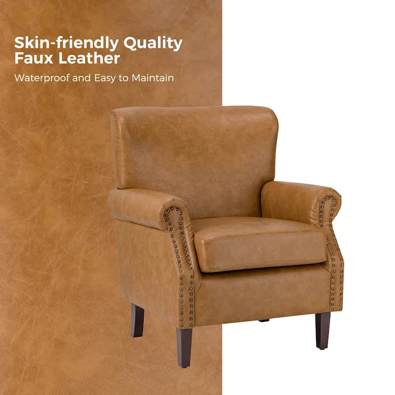 Brown / Ivory Vegan Leather Accent Armchair with Rolled Arms & Nailhead Trim, Set of 2