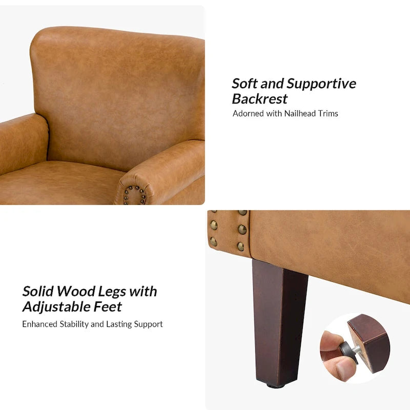 Brown / Ivory Vegan Leather Accent Armchair with Rolled Arms & Nailhead Trim, Set of 2