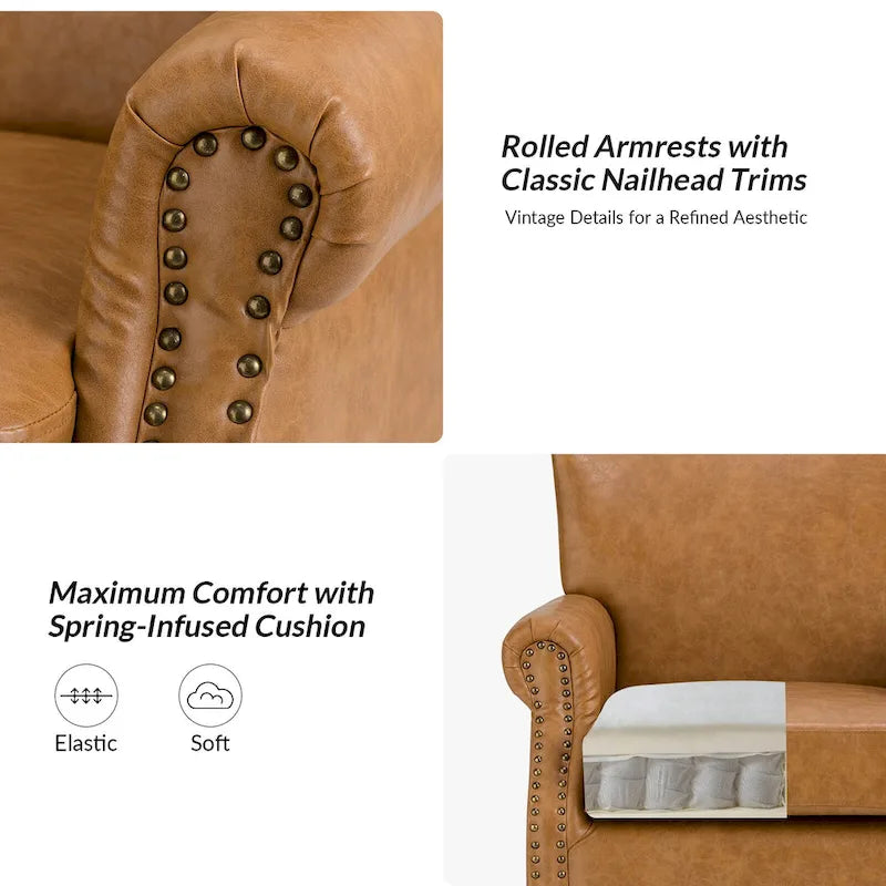 Brown / Ivory Vegan Leather Accent Armchair with Rolled Arms & Nailhead Trim, Set of 2