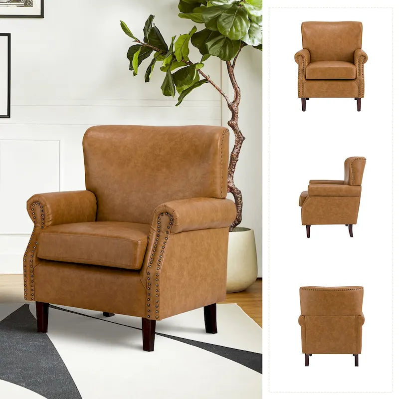Brown / Ivory Vegan Leather Accent Armchair with Rolled Arms & Nailhead Trim, Set of 2