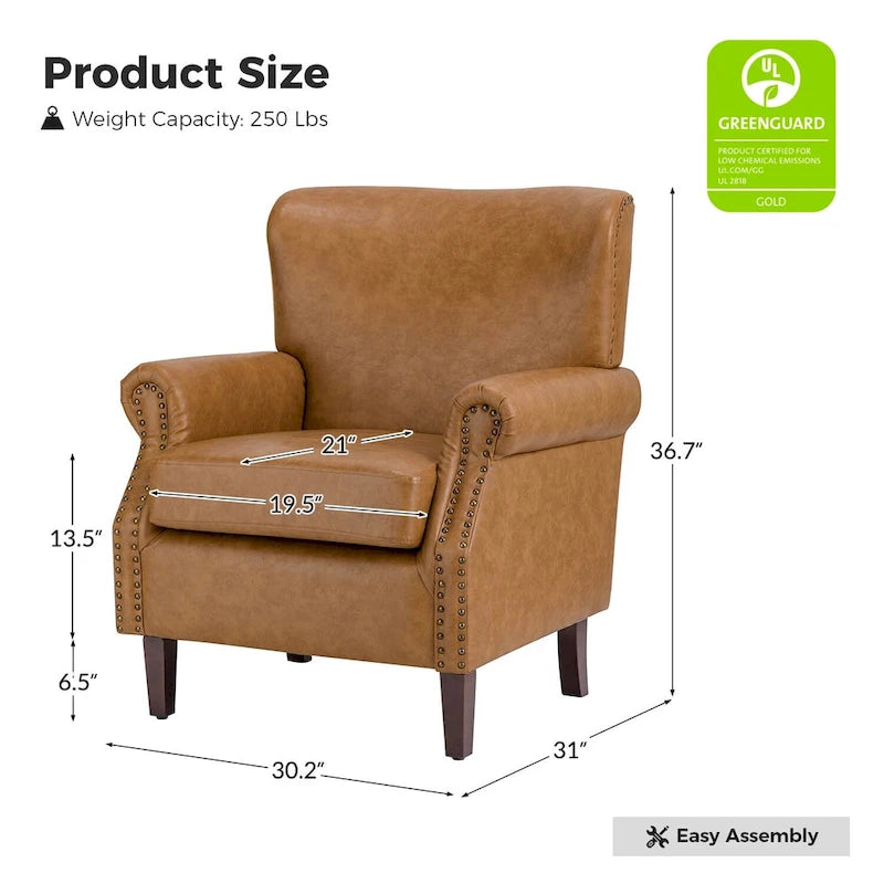 Brown / Ivory Vegan Leather Accent Armchair with Rolled Arms & Nailhead Trim, Set of 2
