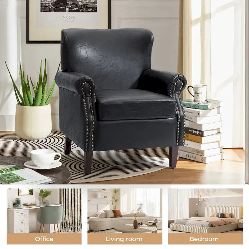 Brown / Ivory Vegan Leather Accent Armchair with Rolled Arms & Nailhead Trim, Set of 2