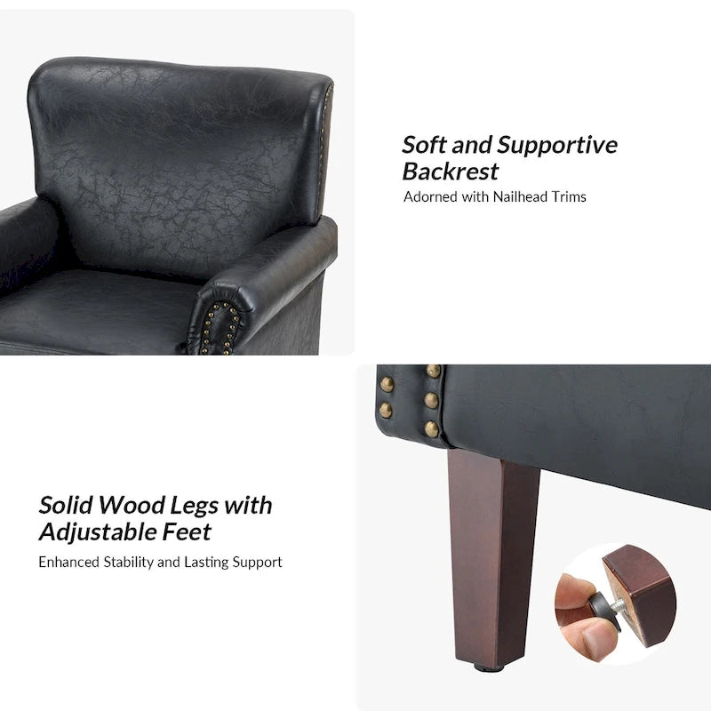 Brown / Ivory Vegan Leather Accent Armchair with Rolled Arms & Nailhead Trim, Set of 2