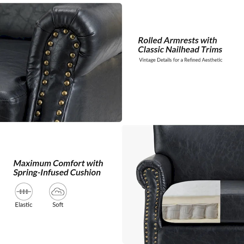 Brown / Ivory Vegan Leather Accent Armchair with Rolled Arms & Nailhead Trim, Set of 2