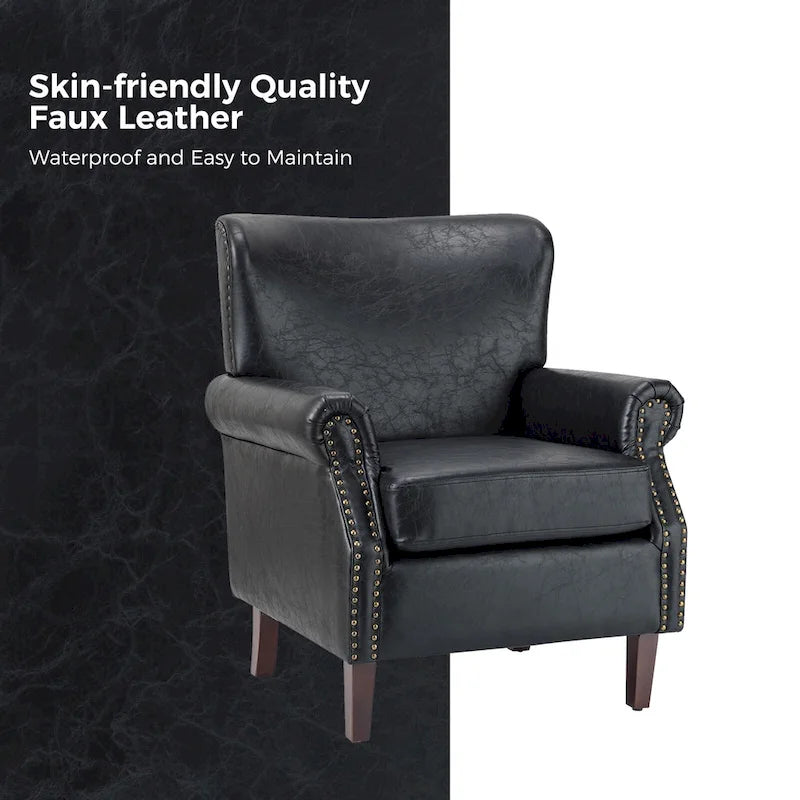Brown / Ivory Vegan Leather Accent Armchair with Rolled Arms & Nailhead Trim, Set of 2