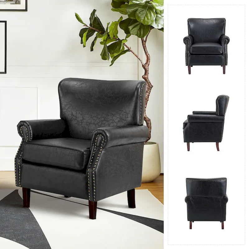 Brown / Ivory Vegan Leather Accent Armchair with Rolled Arms & Nailhead Trim, Set of 2
