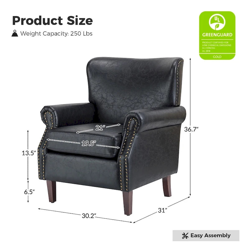 Brown / Ivory Vegan Leather Accent Armchair with Rolled Arms & Nailhead Trim, Set of 2