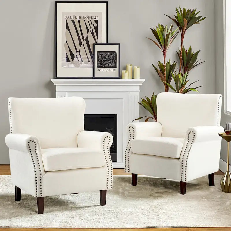 Brown / Ivory Vegan Leather Accent Armchair with Rolled Arms & Nailhead Trim, Set of 2