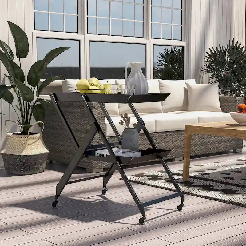 White / Black / Red Contemporary 2-Shelf Folding Bar Cart with Wheels