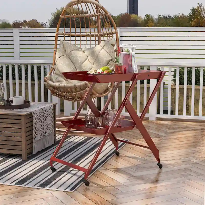 White / Black / Red Contemporary 2-Shelf Folding Bar Cart with Wheels