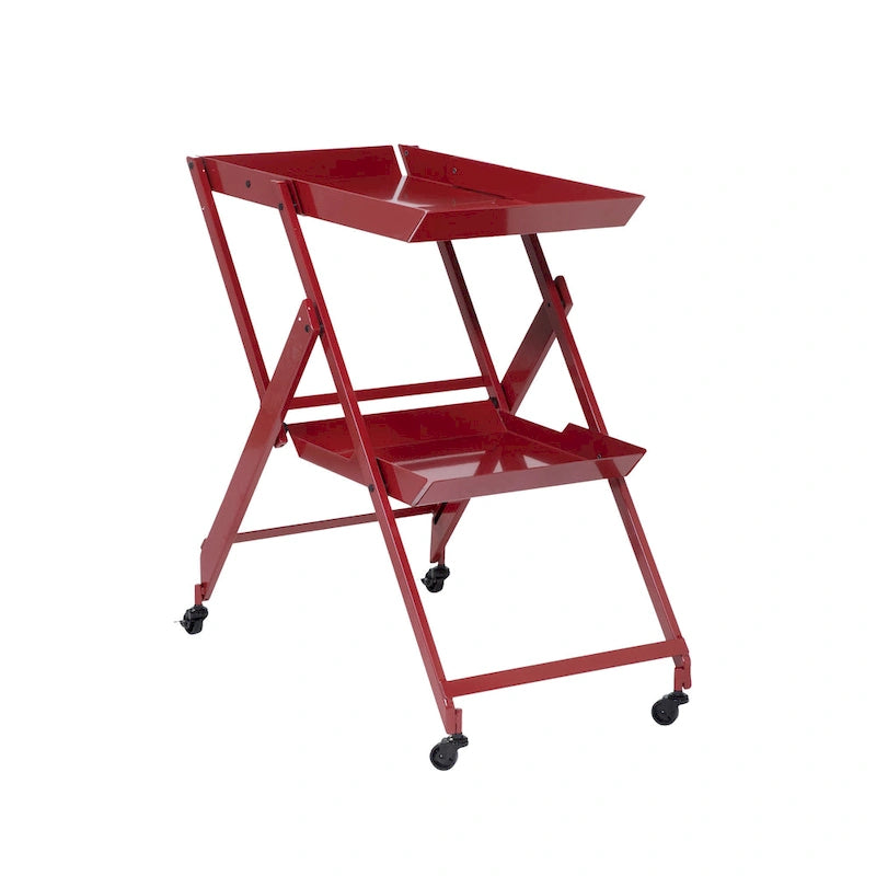 White / Black / Red Contemporary 2-Shelf Folding Bar Cart with Wheels
