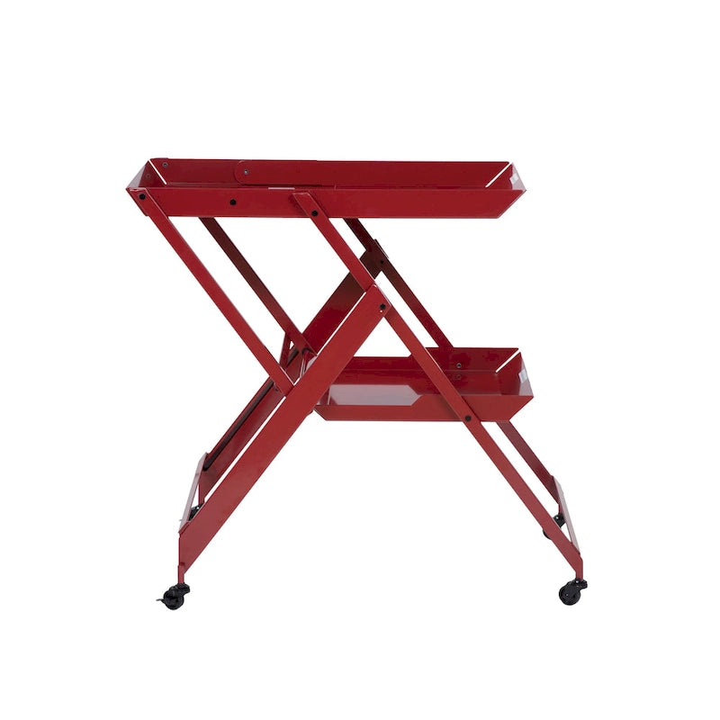 White / Black / Red Contemporary 2-Shelf Folding Bar Cart with Wheels