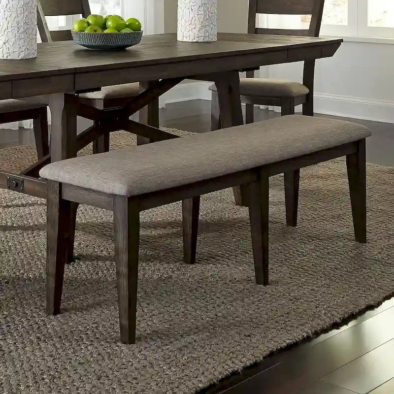 Dark Chestnut Upholstered Bench, Gray Linen, Seats 2