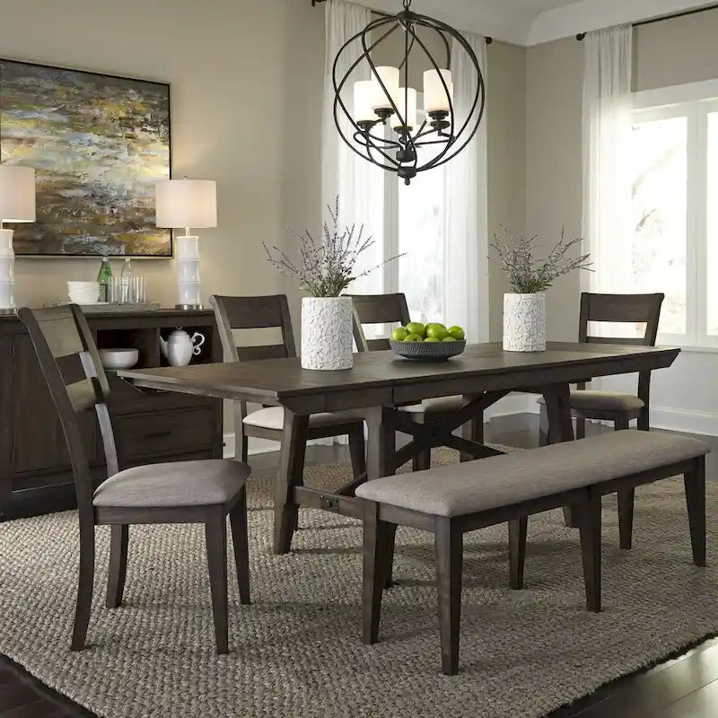 Dark Chestnut Upholstered Bench, Gray Linen, Seats 2