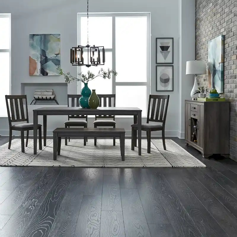 Grey 6-Piece Rectangular Dining Set with Bench (Seats 6)