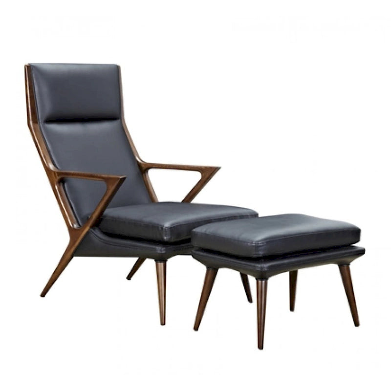 Black Leatherette Lounge Chair & Ottoman, Walnut Finish, 1-Seat