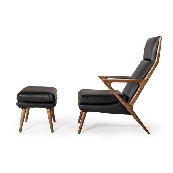 Black Leatherette Lounge Chair & Ottoman, Walnut Finish, 1-Seat