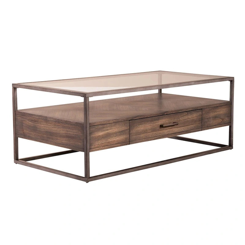 Tobacco Brown Glass-Top Rectangular Coffee Table, Seats 2–4