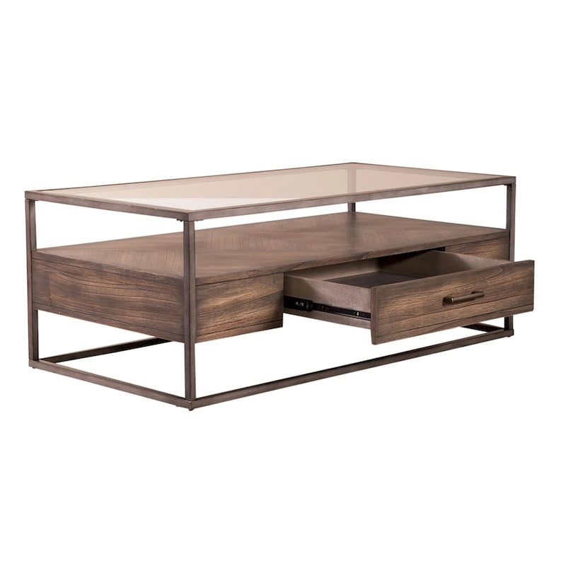 Tobacco Brown Glass-Top Rectangular Coffee Table, Seats 2–4