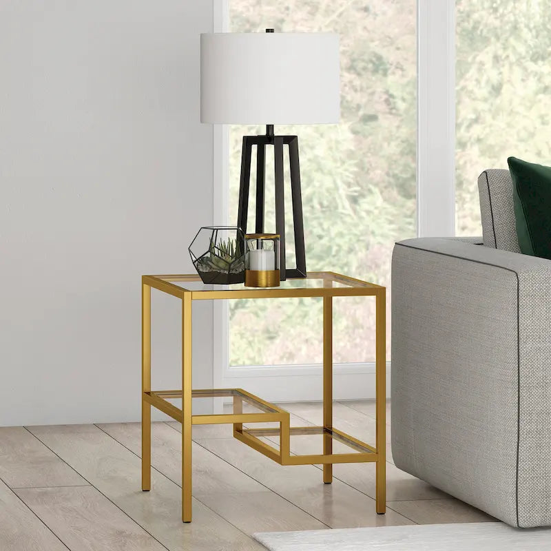 Two-Tier Glass Side Table – Brass / Blackened Bronze / Satin Nickel, Single Use