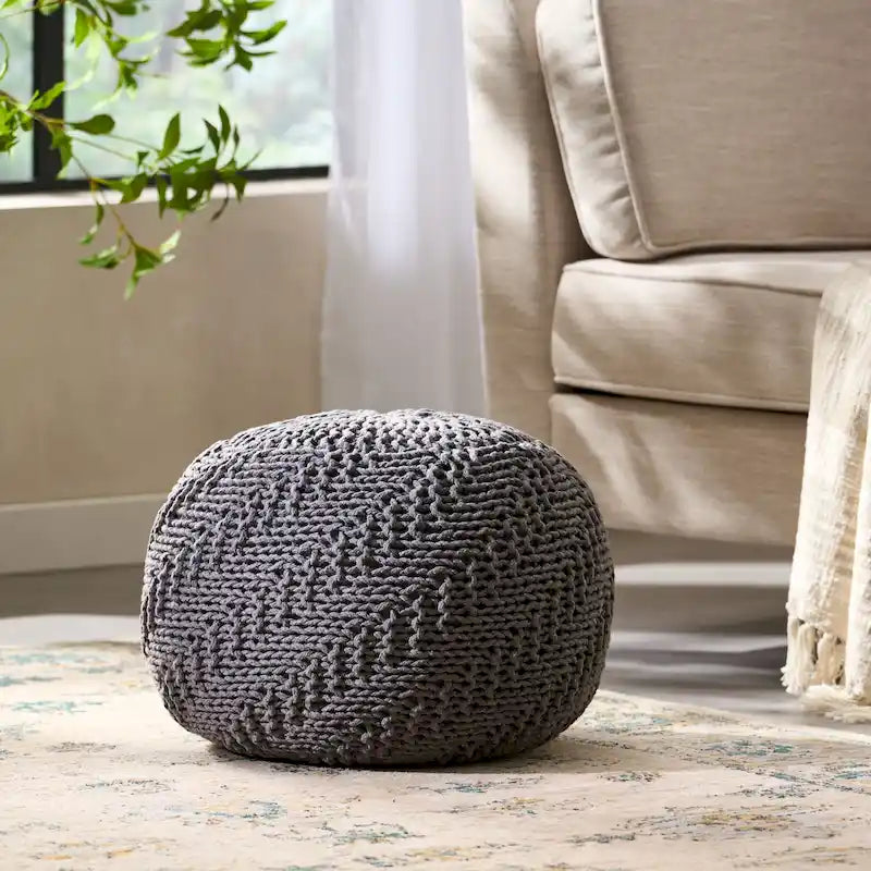 Dark Grey / Ivory Knitted Round Pouf, Indoor & Outdoor, Seats 1