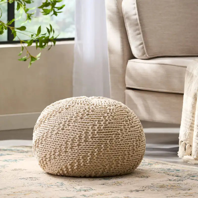 Dark Grey / Ivory Knitted Round Pouf, Indoor & Outdoor, Seats 1