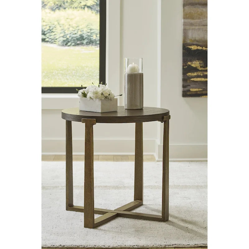 Gold / Grey Round End Table, Contemporary Style, Single